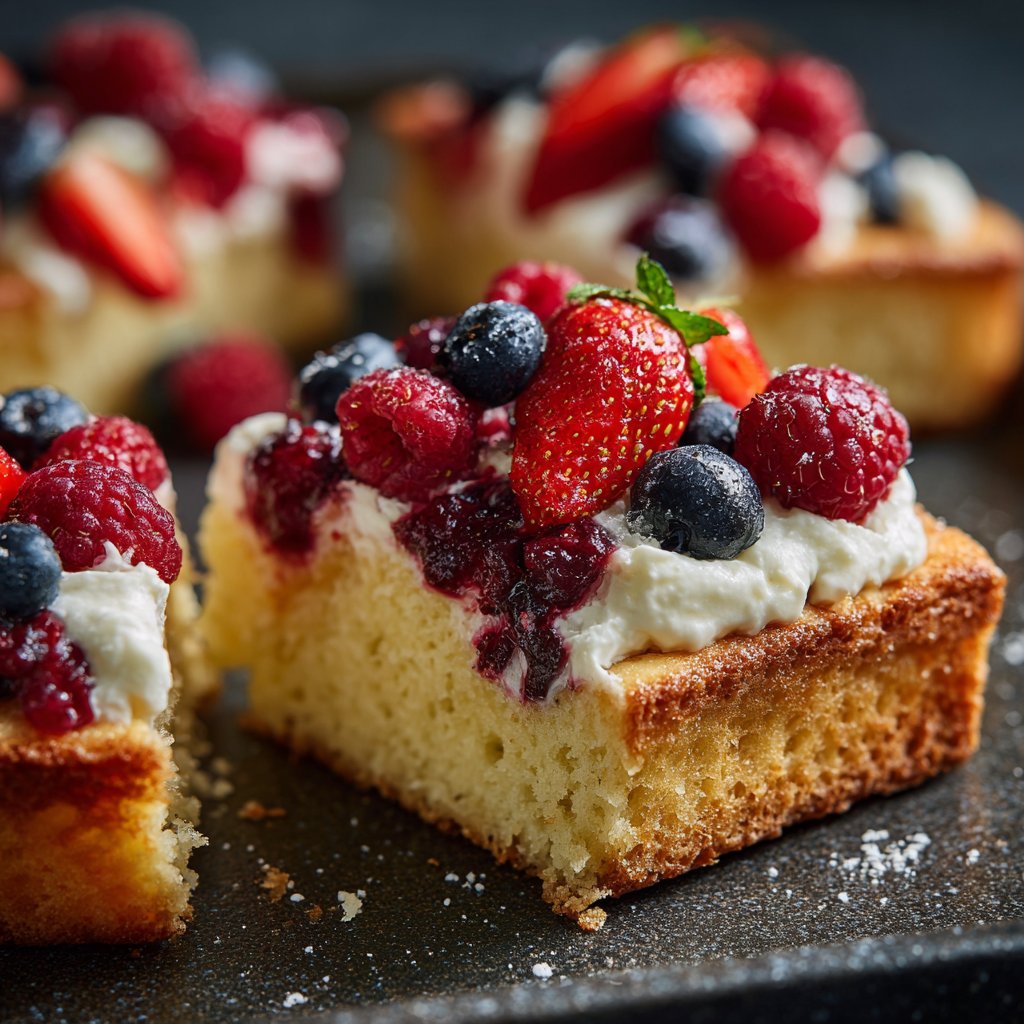 Blechkuchen mit Beeren und Sahne
