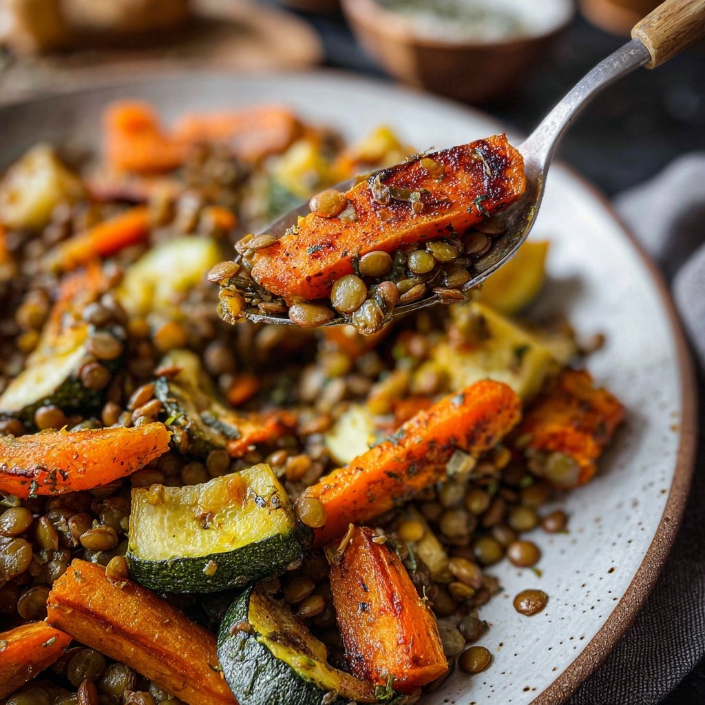 Mittagessen mit Linsen und Ofengemüse